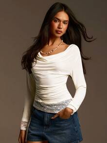 Athîral 女士圆领长袖蕾丝下摆拼接时尚T恤 - 白色 - 查看 5