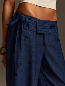 Athîral Pantalones anchos casuales de mujer con cintura con cordón, diseño de pliegue en la cintura, ajuste holgado, tela tejida cómoda y suave, casual para mujer, pantalones casuales para mujer, playa, vacaciones de primavera, mujer de primavera, vacaciones de verano, pantalones de playa, pantalones azules, vacaciones de verano, verano para mujer, vacaciones para mujer - Azul - Ver 5