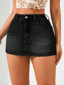 Breezaya Summer Casual Slim Fit Mini Denim Skirt - Black - View 6