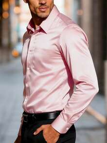 Manfinity Mode 男士商务休闲胸带设计斜纹长袖衬衫，商务衬衫，缎面男士衬衫，正装衬衫，男士婚礼衬衫，男士奢华衬衫，适合日常休闲、周末旅行、户外活动、探险旅行、轻松的工作环境或半正式场合，可作为男友/丈夫礼物、周年纪念/生日礼物、派对、夏季假期、婚礼以及春夏穿着。 - 粉色 - 查看 3