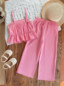 Emery Rose Kids Emery Rose Kids 2件套女童纯色编织吊带背心和长裤套装，粉色衬衫，夏季服装，抹胸上衣，春季女童套装，女童喇叭裤套装，波西米亚风女童粉色夏季套装，钩针花卉吊带背心和阔腿裤，女童粉色花卉钩针吊带背心和阔腿裤套装，可爱儿童夏季服装，女童粉色连体衣，女童春季连体裤，女童两件套，女童褶皱套装，儿童夏季女童服装，花卉套装 - 粉色 - 查看 10