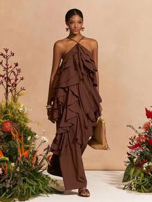 Zivah 2026春夏新款婚礼季、音乐节、复活节、西部风、游牧风、波西米亚风、纳什维尔风、派对、婚礼、晚宴、约会、聚会、生日、学院风、学生装、日常出行、百搭基础款、休闲、度假、邮轮旅行、海滩、日光浴、爆款、优雅、通勤、商务休闲无袖多层荷叶边宽松A字长裙，深棕色连衣裙，春夏连衣裙，派对连衣裙，性感连衣裙，优雅连衣裙，女士连衣裙 - 咖啡棕 - 查看 7