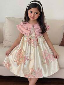 SHEIN 少女撞色拼接露背立领A字连衣裙，适合家庭度假、可爱优雅时尚的派对、生日等场合，尽显公主风范，母女姐妹装也同样适用。春夏款。 - 粉色 - 查看 2