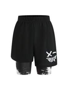 SHEIN Bolty 1 件装青少年男童图案抽绳腰网眼短裤，适合上学、春季穿着、青少年男童服装、青少年男童外套、春季返校季 - 黑色 - 查看 5