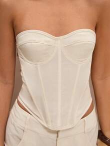 SHEIN X YERIMUA SHEIN BAE Áo lót bralette tối giản, chất liệu pha lanh, kiểu dáng vintage, thích hợp cho kỳ nghỉ thư giãn, nghỉ mát ở biển, du lịch miền Nam nước Pháp, Ý, Ibiza, áo lanh, áo mặc đi làm, áo lót bralette mặc thường ngày. - Màu be - Xem 7