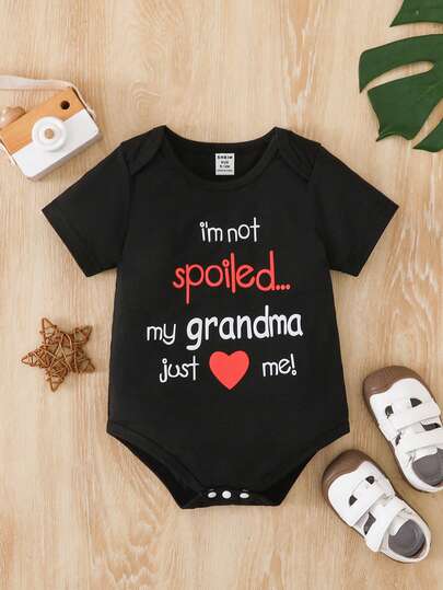 SHEIN Pelele de manga corta cómodo con estampado de letras para bebés/niños pequeños, informal, de verano