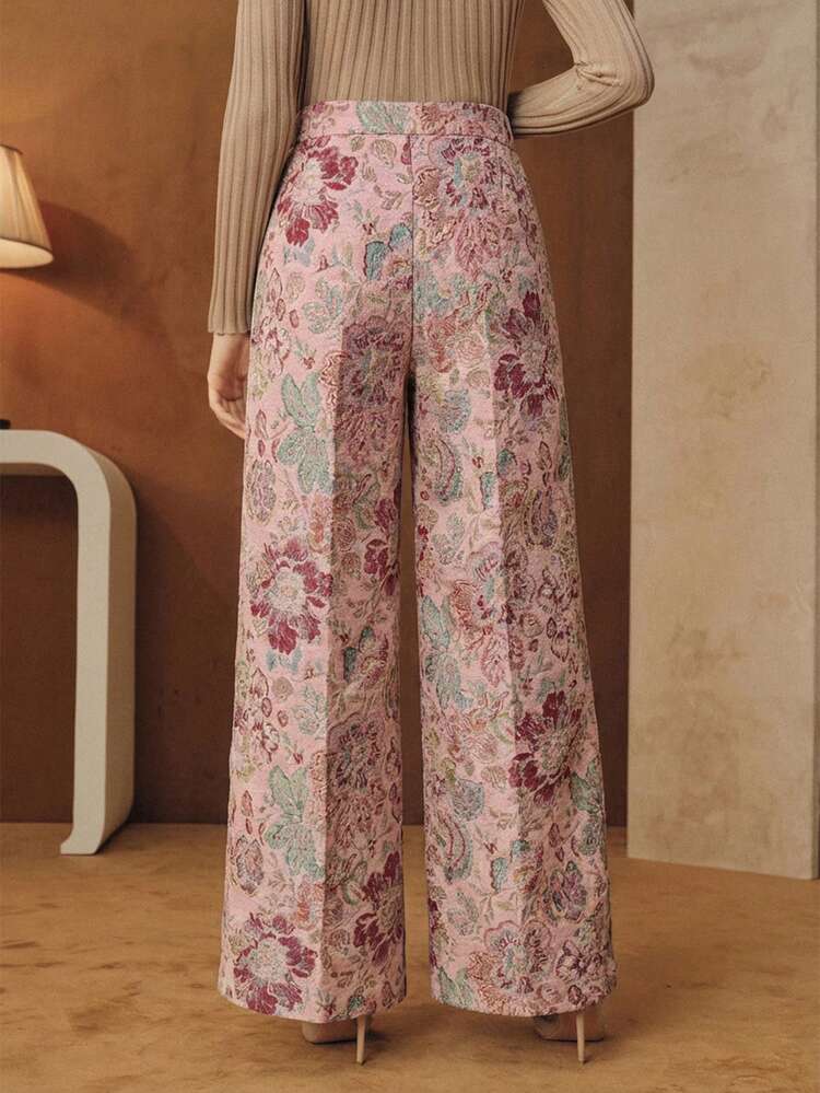 Vintage French Ditsy Floral High Waist Wide Leg Loose Drape Slimming Women's Pants, Autumn/Winter