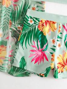 SHEIN Swim Bộ bikini gồm áo hai dây màu trơn và quần short in hoa, kèm áo khoác tay ngắn. - Nhiều màu - Xem 4