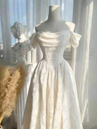 SHEIN MOD Blanco,Verano,Elegante,Vestido Maxi de Jacquard para Boda Nupcial,Vestido de Gala con Hombros Descubiertos y Mangas Abullonadas,Estilo Princesa Vintage con Corsé Fruncido y Falda en A