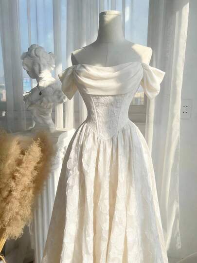 SHEIN MOD Apricot Open Shoulder Mid-Length Dress, Ball Gown, Prom Dress White.Ivory Off-Shoulder Jacquard Maxi Dress, Vintage Princess Style, Wedding Guest Dress, Bridal Gown, Party, Evening, Banquet, Formal, Textured Fabric, Ball Gown, Ruched Bodice, A-Line Silhouette, Elegant, Romantic, Classic, Soft Satin, Floor Length, Puff Sleeves, Fairytale, Ceremony, Reception, Engagement, Anniversary, Dinner, Flowy Skirt, Couture, Luxury, Occasion, Special Event, Prom, Timeless, Modern, Chic, Fashionable