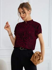 SHEIN Essnce Damen Zebra-Muster Lässig Stehkragen Kurzarm Bluse, vielseitig für den täglichen Gebrauch - Rot - Übersicht 4