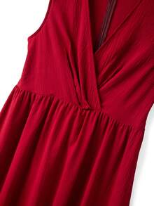 GlowEve CURVE Plus Size Summer Casual Solid Color Overlap Collar Pleated Dress, Suitable For  Day - Red - View 5
