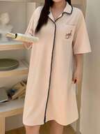 Dazy Plus Plus Size Autumn Comfortable Cat Embroidery Front Button Loose Nightgown