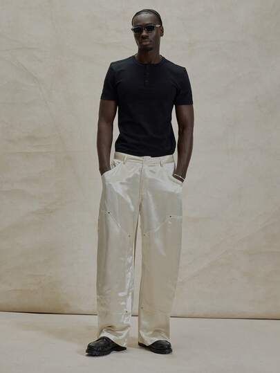Musero Satin Style High Shine Baggy Panel Contructioned Detailing Trouser Bottom Button Fastening Pants Spring Summer Essentials