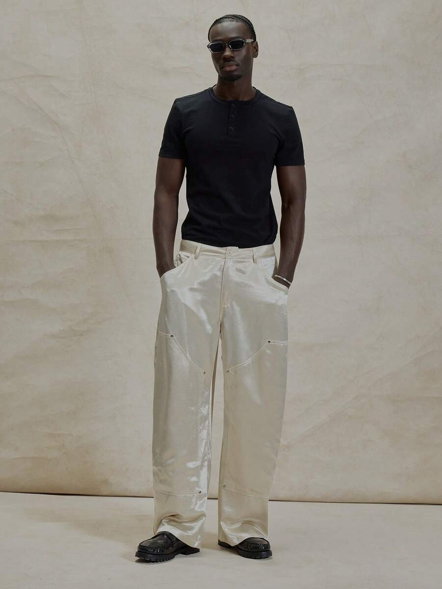 Musero Satin Style High Shine Baggy Panel Contructioned Detailing Trouser Bottom Button Fastening Pants Spring Summer Essentials - Khaki - View 1