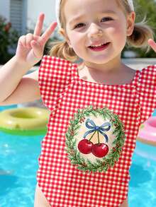 SHEIN 法式复古甜美可爱樱桃蝴蝶结，法式复古红色格子图案，红色系列，泳池写真，女童休闲简约修身吊带泳衣，适合夏季，热带印花，海滩度假亲子写真，母女装，第一次海滩之旅，暑假，美美泳衣，适合拍照发 - 彩色 - 查看 6