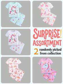 SHEIN 【2件套】女童独角兽卡通印花短袖短裤针织贴身睡衣家居服套装 - 彩色 - 查看 3