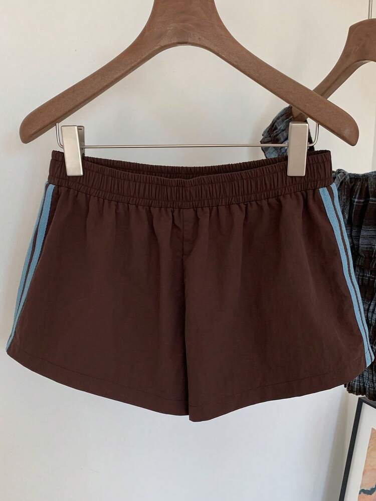 SHEIN PETITE CURVE Women's Casual Elastic Waist Striped Comfortable Versatile Shorts, Summer - Brown - View 2