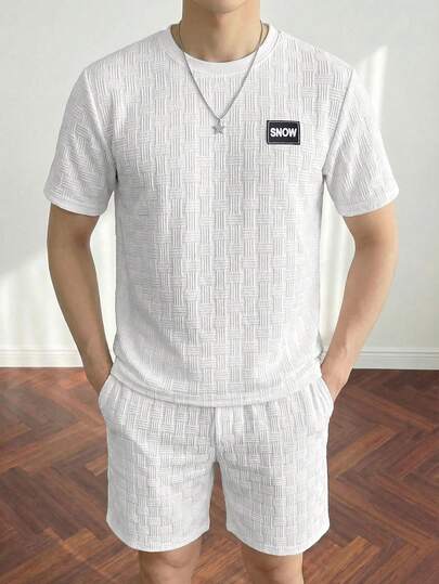 2pcs/Set Teenage Boys' Casual Geometric Textured Fabric Round Neck T-Shirt Set, Suitable For Daily Commute