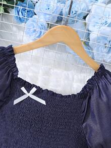 SHEIN 少女纯色泡泡袖蝴蝶结休闲夏日连衣裙 - 藏蓝色 - 查看 4