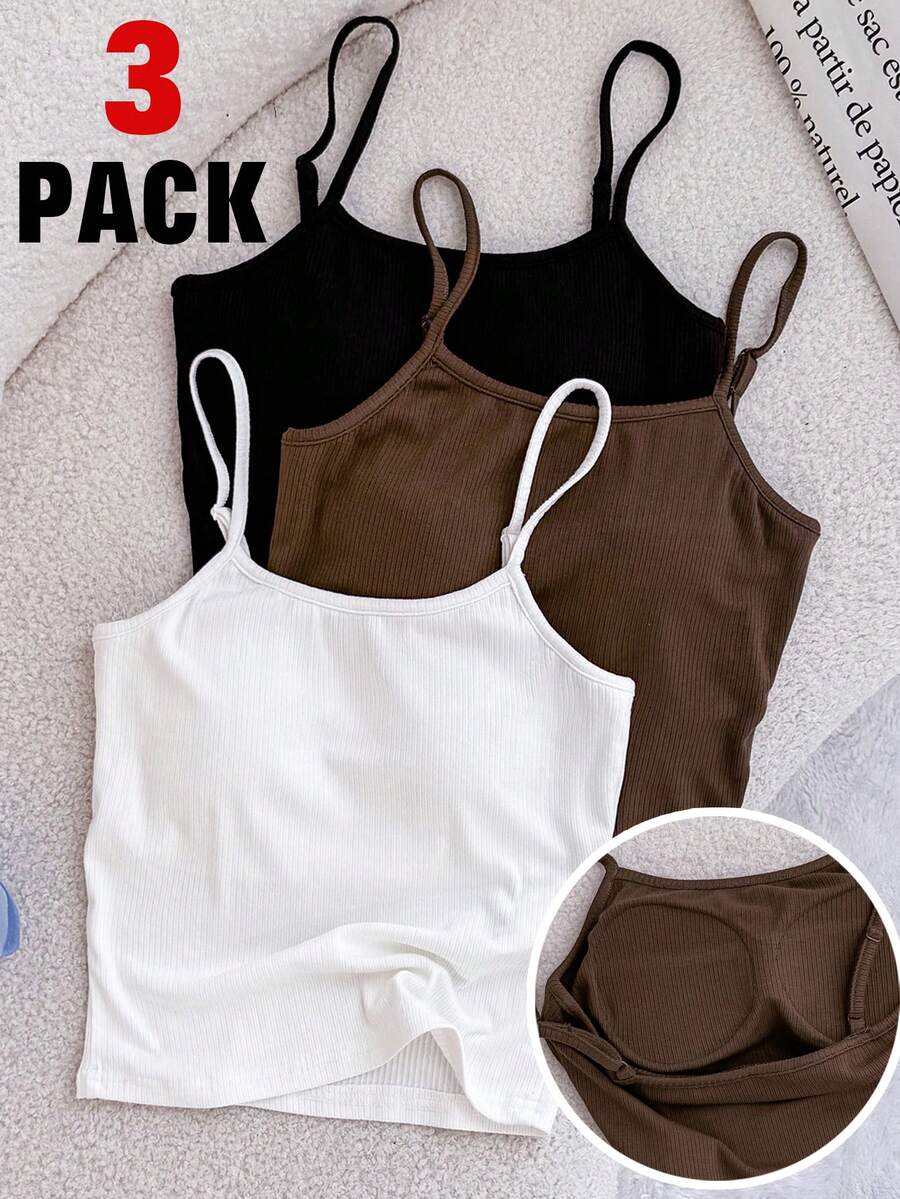 SHEIN 3件套少女白色、黑色、棕色纯色罗纹针织吊带背心,基础百搭修身款,适合休闲、居家、户外穿着 - 彩色 - 查看 1