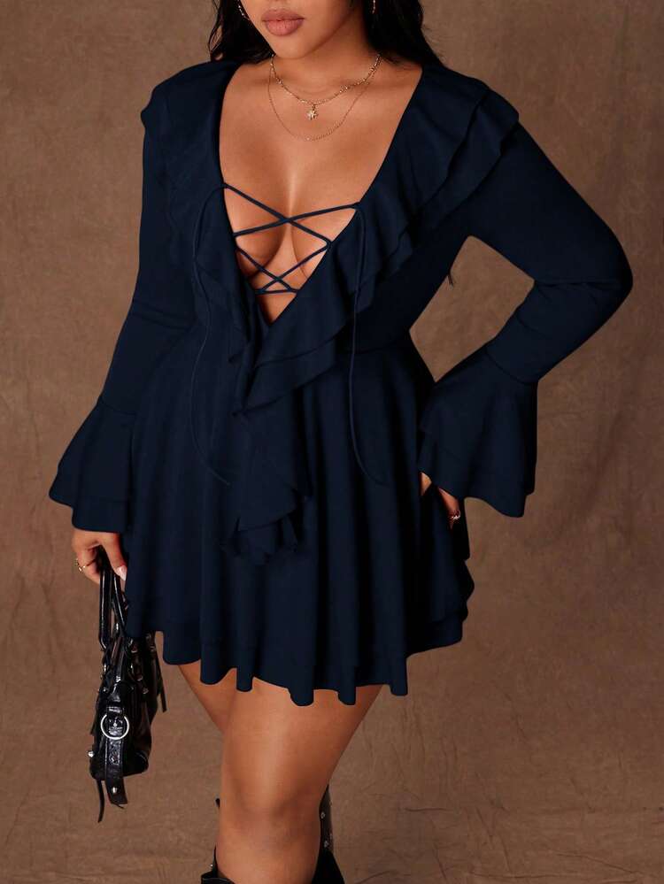 Rustia 性感荷叶边系带紧身迷你连衣裙，独特设计，修身显瘦，长袖，度假风 - 藍色 - 查看 5