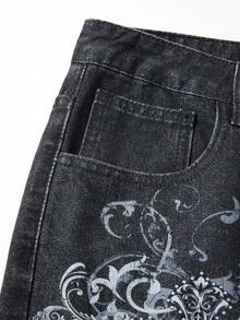 ROMWE MEN Goth Herren Lässige Denim Shorts mit Blume Muster und Tasche, locker geschnitten - Schwarz - Übersicht 4