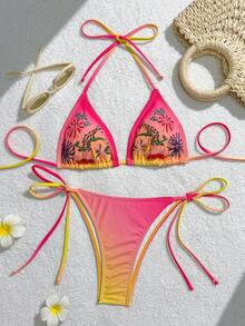 Swim Mod 刺绣夏季新款露背系带渐变花卉串珠女士比基尼套装，三角泳衣，适合海滩度假 - 彩色 - 查看 3