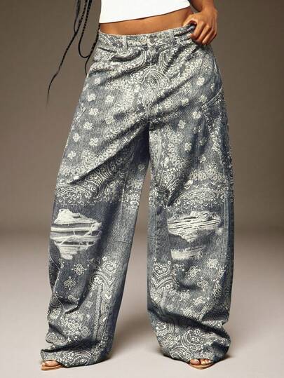 Denimoi Bandana Print Wide Leg Baggy Boyfriend Jeans Fashionable Streetwear Baggy Jeans