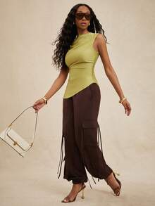 NYA SZN 休闲纯色抽绳工装裤 - 棕色 - 查看 1