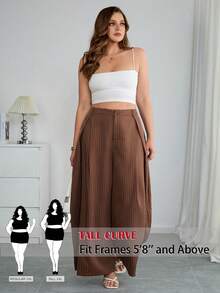 SHEIN Tall CURVE 大码休闲条纹阔腿裤，适合日常生活、通勤、上学、教师、会议、外出、休闲等场合，条纹宽松裤，女士休闲装 - 紅木色 - 查看 7