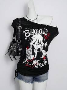 The Winx x SHEIN 女士Y2K休闲时尚街头卡通人物字母印花不对称领口金属孔眼细节修身T恤，夏季 - 黑色 - 查看 1