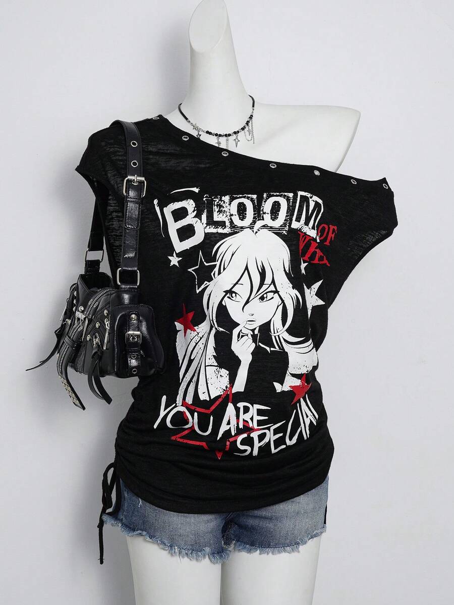 The Winx x SHEIN 女士Y2K休闲时尚街头卡通人物字母印花不对称领口金属孔眼细节修身T恤，夏季 - 黑色 - 查看 1