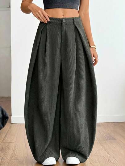 SHEIN Tall Women's Fall/Winter All-Season Back To School Vintage Casual Streetwear Going Out Oversized Green Curved Hem Pants Corduroy Khaki Cargo Pants