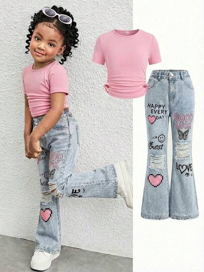 SHEIN 2pcs Young Girl Set: Black Round Neck Knit T-Shirt And Slim Fit Casual Pants,Streetwear Casual Game Day  Back To School