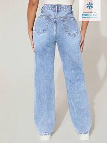 SHEIN PETITE Women's High Waist Pocketed Distressed Wide Leg Loose Casual Denim Jeans - Blue - View 2