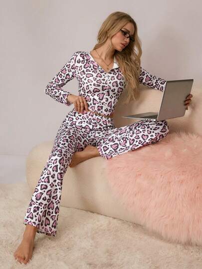 Women's Leopard Print Long Sleeve Zip Front Hooded Top And Pants Loungewear Set