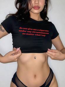 StreetHx Women's Summer Cropped T-Shirt, Y2K Style Black "Don't Give Me A Cigarette" Graphic Exposed Midriff Crop Top - Black - View 1