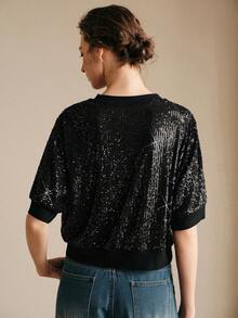 Arave 女士优雅亮片拼接圆领套头T恤，适合约会穿着 - 黑色 - 查看 5