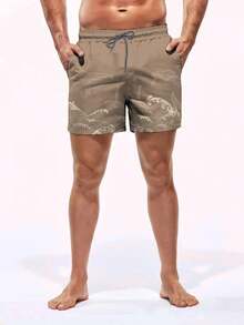 Manfinity Swimmode Men's Wave Print Drawstring Waist Pocket Beach Shorts - Coffee Brown - View 4