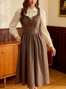 Vintamour Vintage Classic Elegant Women Embroidered Fitted Tank Dress, Brown Brown Elegant Dress Women Coffee Brown Dress Cottagecore Dress French Style Dress Spring Outfit Women Spring Dress For Women - Brown - View 7