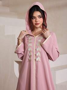 Al Najma Elegante cárdigan con capucha de manga larga, de corte holgado y con adorno de encaje floral para mujeres - Rosa - Ver 8