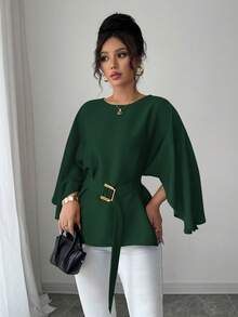 Selianne Women's Round Neck Batwing Sleeve Tie Waist Glossy Red Blouse, Spring/Summer Fall Cloth For Women - Dark Green - View 6