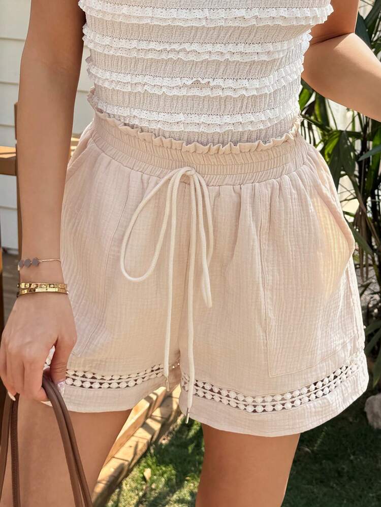 Women's Solid Color Patchwork Lace Elastic Waist Drawstring Straight Leg Casual Vacation Shorts, Summer Boho