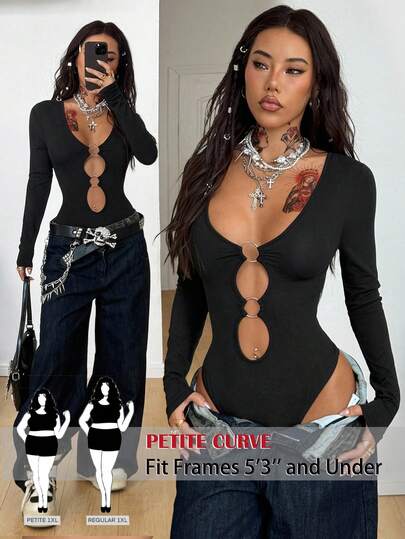 SHEIN PETITE CURVE Plus Size Uitgesneden Sexy Bodysuit met Lange Mouwen
