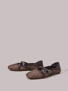 Styleloop Women Shoes Holiday Style Woven Shoes Noodle Belt Women's Flat Shoes Holiday Style Wear BOHO Wear American Retro Style Bohemian Style Western Style Music Festival Wear Party Wear Flat Women's Shoes - Coffee Brown - View 2
