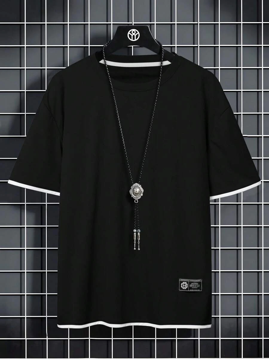 Manfinity Camiseta de manga corta con gráfico de color contrastante para hombres de talla grande - Negro - Ver 1