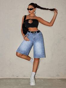 SHEIN ICON Quần short denim bạc màu thời trang nữ - Rửa nhẹ - Xem 7