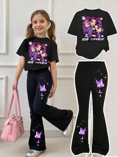 2pcs/Set Young Girl Casual Fashion Creative Personalized Refreshing Minimalist Virtual Girl Group Star Graphic Print T-Shirt And Flare Pants Outfit, Comfortable Daily Wear, Suitable For Spring, Summer And Autumn