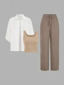 SHEIN LUNE Bộ đồ vest gió thanh lịch 3 món Maillard đen trắng cho nữ 2024 mới, thời trang và thon gọn, mùa thu - Nhiều màu - Xem 5